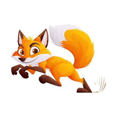 Bir tilkinin çizgi film çizimi. Tilki mutlu bir ifadeyle koşuyor ve gülümsüyor. Çocuk kitapları, dijital kaynaklar veya baskılar için harika..