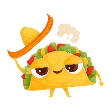 Bu karikatürde şapkalı, hafif sersemlemiş bir taco karakteri var. Taco rahatlamış görünüyor ve biraz baharatlı gibi görünüyor. Lezzetli bir deneyim sunmaya hazır..