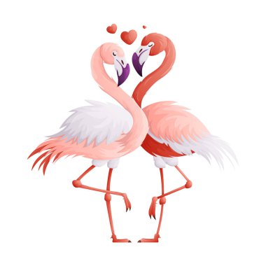 Birbirine aşık iki flamingonun vektör çizimi. Boyunları birbirine dolaşır, kalpleri küt küt kütleler halinde beyaz bir zemin üzerinde yüzer durur..