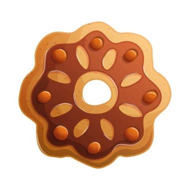 Kahverengi çikolata kremalı, karamel şekerli ve bademli bir çöreğin hoş bir çizgi film tasviri. Tatlı ikram tasarımları için mükemmel..