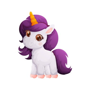 Beyaz arka planda duran sevimli tek boynuzlu at çizgi filmi. Mor yelesi, altın boynuzu, büyük kahverengi gözleri ve şirin bir yüz ifadesi vardır. Çocuk çizimleri için mükemmel..