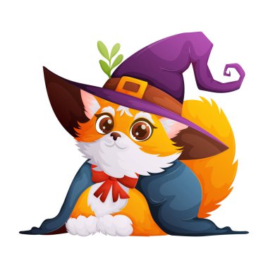 Cadılar Bayramı temalı içerik için mükemmel olan cadı şapkası ve pelerini giymiş sevimli bir tilkinin olduğu bir çizgi film çizimi. Sevimli çizgi film tasarımı, fantezi, tatil temalı.