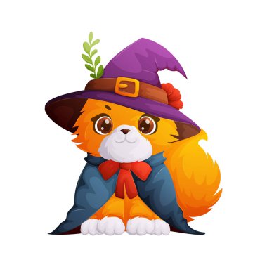 Sevimli çizgi film tilkisi, sivri uçlu şapka ve pelerinle birlikte cadı kıyafeti giymiş. Cadılar Bayramı 'nı kutlayan sevimli bir hayvanın vektör çizimi.