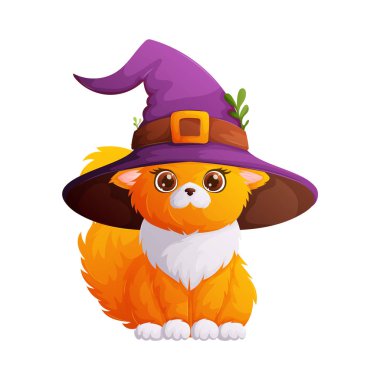 Büyük gözlü, kahverengi kemerli mor bir cadı şapkası takan sevimli bir turuncu çizgi film kedisi. Cadılar Bayramı çizimleri, evcil hayvan temaları ve çizgi film tasarımları için ideal.