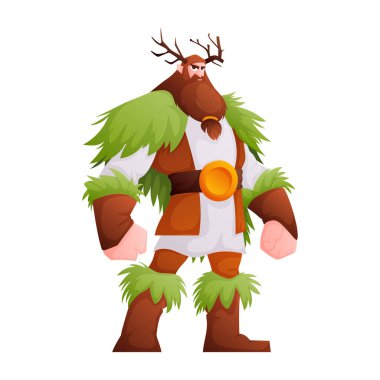 Boynuzlu, uzun sakallı ve yeşil yapraklı bir orman bekçisinin tasviri. Karakter güçlü duruyor, ormanı korumaya hazır..