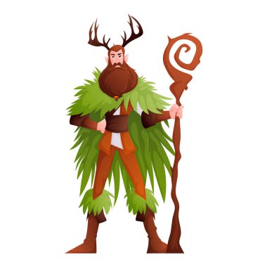 Bu bir Druid 'in çizgi film görüntüsü. Boynuzları, sakalı var ve yeşil pelerin ve kahverengi elbiseler giyiyor. Elinde asa tutuyor. Arkaplan beyaz.