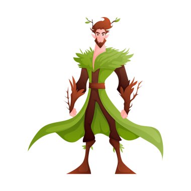 Bu karakter tasarımı, yapraklı yeşil kıyafetleri, ahşap renkli detayları ve doğal temalı estetiği olan bir erkek elfi içerir. Maceraya ya da savaşa hazır görünüyor..