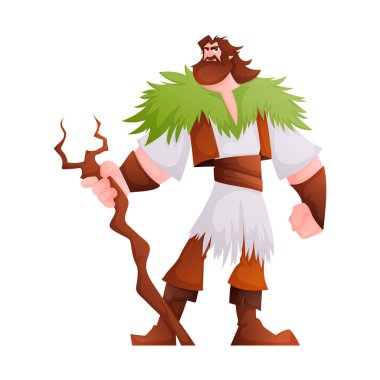 Bu, elinde asa ve yeşil yapraklı şal olan güçlü bir oduncunun resmi. Karakter parlak ve renkli tasarlanmıştır, çocuklar için harikadır..