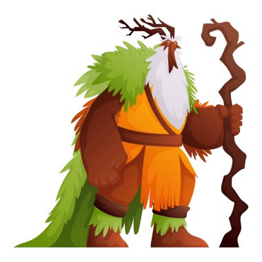 Bu tuhaf çizgi film illüstrasyonunda güçlü bir orman ruhu sergileniyor. Yapraklı bir pelerin, ahşap bir asa ve heybetli boynuzları var. Karakter büyü ve folklor yayıyor..