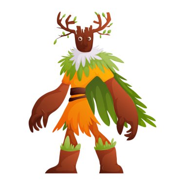 Kahverengi ağaç kabuğu derisi, yapraklı boynuzları ve yaprak ve eteği olan bir ağaç karakterinin çizgi film çizimi. Çocuk kitapları ve animasyonları için mükemmel..