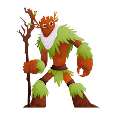 Bu tuhaf vektör illüstrasyonunda, yeşil yapraklar ve bir asa ile vurgulanmış, ağaçsı görünümlü, dost canlısı bir orman koruyucusu yer alıyor. Akıllı ve cana yakın görünüyor..