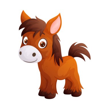 Dostça bir ifadeyle genç bir atın sevimli çizgi film çizimi. Atın kahverengi yelesi ve kuyruğu var ve beyaz bir arka planda duruyor..