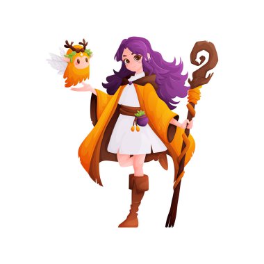 Mor saçlı, sarı cüppeli genç bir cadı ve bir peri arkadaşının elinde tahta bir asa var. Tatlı ve renkli bir fantezi çizimi, maceraya hazır..