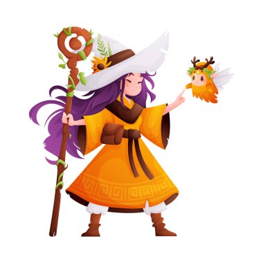 Elinde asası olan turuncu cüppeli genç bir büyücü kız ve çiçek tacını takan sevimli bir perinin karikatür çizimi..