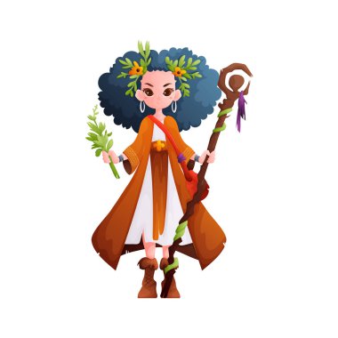 Bir çizgi film karakteri orman rahibesinin canlı bir çizimi, ahşap bir asa, yemyeşil bir bitki örtüsü ve karmaşık bir şekilde geleneksel giysiler tasarlanmış. Huzur saçıyor..