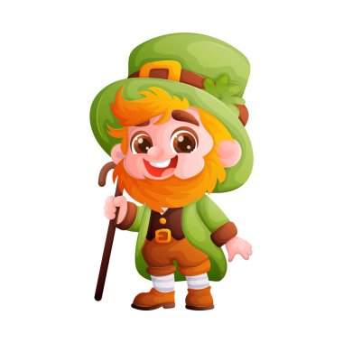 Yeşil şapkalı, takım elbiseli, bastonlu şirin bir cüce cin Aziz Patrick Günü kutlamalarına hazır. Gülümsüyor ve bayram ruhuyla dolu..