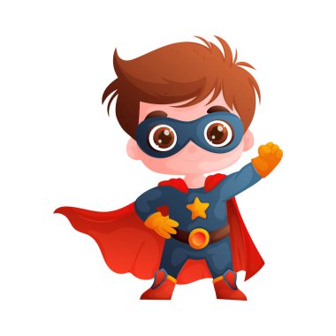 Süper kahraman gibi giyinmiş genç bir çocuğun olduğu sevimli bir çizgi film çizimi. Kırmızı pelerini akarken kahramanca bir poz veriyor. Çocuk içeriği için ideal.