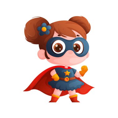 Bu karikatür, süper kahraman gibi giyinmiş, kırmızı pelerinli ve mavi maskeli, her türlü maceraya hazır şirin küçük bir kızı tasvir ediyor. Yumruğunu kaldırmış, güçlü duruyor..