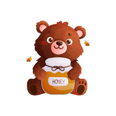 Şirin kahverengi ayının, dost arılarla çevrili bal kavanozunu tuttuğu büyüleyici bir çizim. Çocuk kitapları ve tatlı projeler için harika..
