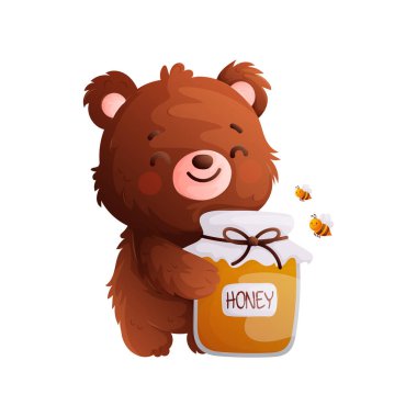 Bu sevimli görüntüde elinde bal kavanozu olan mutlu bir çizgi film ayısı ve etrafta uçuşan iki tatlı arı var. Çocuk çizimleri ya da ballı projeler için mükemmel.