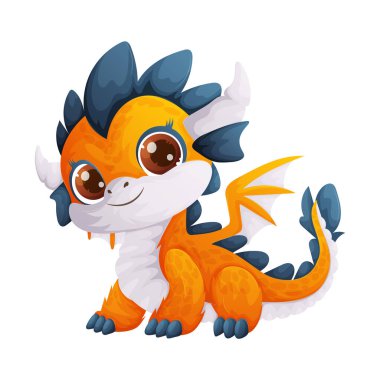 Turuncu vücudu ve mavi detayları olan yavru bir ejderhanın sevimli çizgi film çizimi. Büyük kahverengi gözleri ve dost canlısı bir gülümsemesi var. Çocuklar için mükemmel..