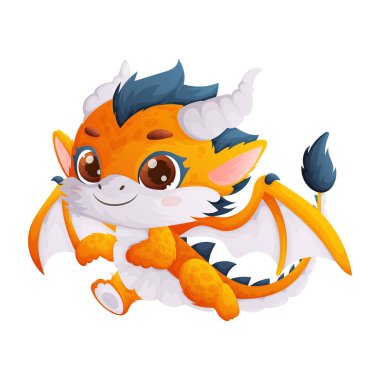 Bu küçük, sevimli bir ejderhanın karikatür çizimi. Yavru ejderhanın turuncu pulları, beyaz kanatları, mavi dikenleri ve neşeli bir gülümsemesi vardır..