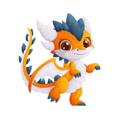 Turuncu ve beyaz renklere sahip bu sevimli çizgi film ejderhası her tasarıma neşe ve kapris katıyor. Çocuk kitapları, animasyonlar veya fantezi projeleri için mükemmel..