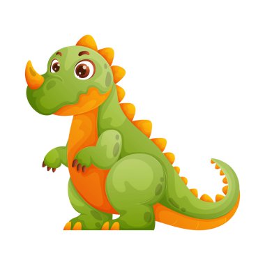 Yeşil ve turuncu bir dinozorun boynuzlu ve sırtı sivri desenli harika bir çizgi film çizimi. Büyük, dost canlısı gözleri var, çocuk tasarımları ve animasyonları için mükemmel..