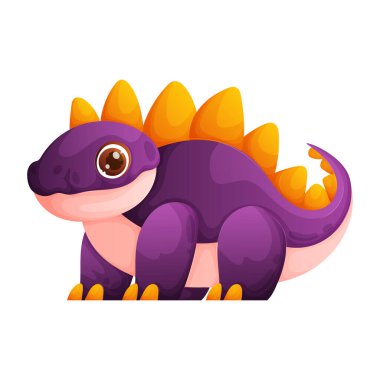 Bu vektör görüntüde çekici, çizgi film stili canlı mor derili bebek Stegosaurus, turuncu çiviler ve büyük kahverengi gözleri var. Çok şirin ve dost canlısı görünüyor..