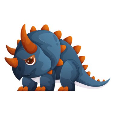 Bu görüntüde mavi bir çizgi film triceratops var. Büyük turuncu boynuzları ve çivileri var, neşeli ama vahşi bir görünüm veriyor. Dinozorun şirin, yuvarlak ayaklı bir şekli var..