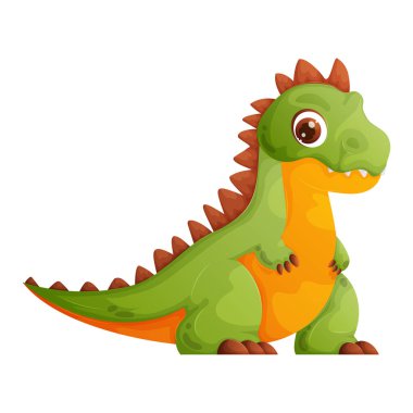 Dikenli yeşil ve turuncu bir dinozorun büyüleyici bir çizimi. Çocuk kitapları, oyunlar ve eğitim malzemeleri için mükemmel. Dost canlısı, sevimli bir dino..