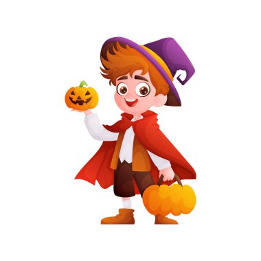 Cadılar Bayramı kostümü giymiş, cadı şapkası ve pelerinli, elinde balkabağı tutan mutlu bir çocuğun resmi. Eğlenceli, hileli bir tedavi deneyimi için hazır. Neşeli ve hazır..