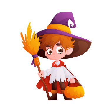 Cadılar Bayramı için büyücü kostümü giyen sevimli çizgi film çocuğu elinde süpürge ve balkabağı şekeri kovası taşıyor. Ürkütücü sezon kutlamaları ve eğlenceli çizimler için mükemmel..