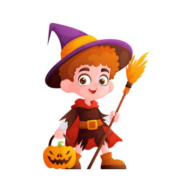 Cadı kılığında, sivri uçlu şapkalı, süpürge ve balkabağı sepetli şirin çizgi film çocuğu Cadılar Bayramı gecesine hazırlanıyor. Şenlikli Cadılar Bayramı çizimi.