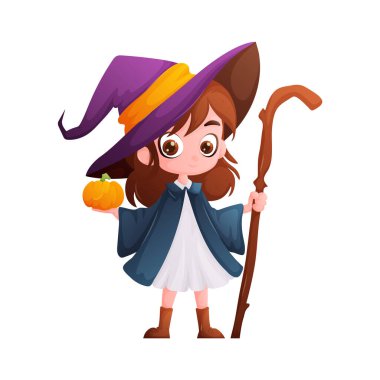Kocaman mor şapkalı, elinde balkabağı ve ahşap bir değnekle şirin bir cadı kız. Cadılar Bayramı tasarımları ve çizimleri için mükemmel..