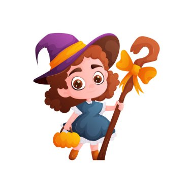 Mor şapkalı, balkabaklı ve sihirli değnekli şirin bir cadı kızın çizgi film çizimi. Cadılar Bayramı 'nı tarzıyla kutluyor. Hile yapmaya hazır..