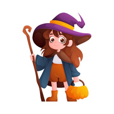 Şirin bir cadı cadılar bayramı için hazır, mor bir şapka, mavi bir pelerin ve botlar giyiyor. Elinde bir balkabağı kovası ve baston tutuyor..