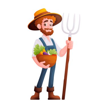 Bu çizgi film, elinde yaba ve sepet dolusu sebzeyle mutlu bir çiftçiyi tasvir ediyor. O bir şapka ve tulum giyiyor. Görüntü tarım için uygundur..