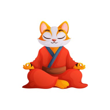 Kırmızı kimonolu şirin tilki Lotus pozisyonunda meditasyon yapıyor. İllüstrasyon, farkındalığı, rahatlamayı ve iç huzuru bulmayı temsil ediyor. Komik maskot..
