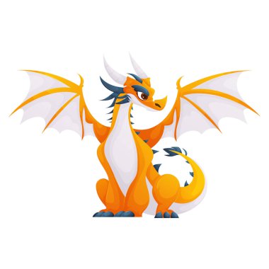 Kanatları açık bir şekilde oturan turuncu ve beyaz bir ejderhanın sevimli bir çizimi. Bu sevimli karikatür çocuk tasarımları için mükemmel..