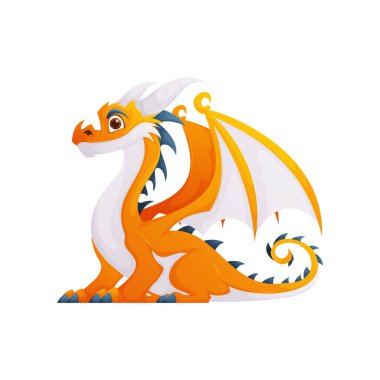 Tatlı turuncu ve beyaz ejderha çizgi filmi çizimi. Oturup sola bakıyor, beyaz arka planda izole edilmiş. Özellikler ayrıntılı pullar, boynuzlar ve kanatlar.