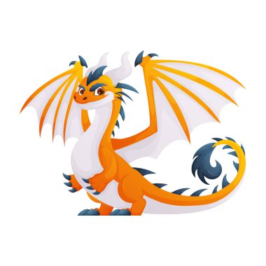 Bu bir çizgi film ejderhasının vektör çizimi. Ejderha turuncu, beyaz kanatlı, beyaz karınlı ve beyaz boynuzlu. Çok dost canlısı ve mutlu görünüyor..
