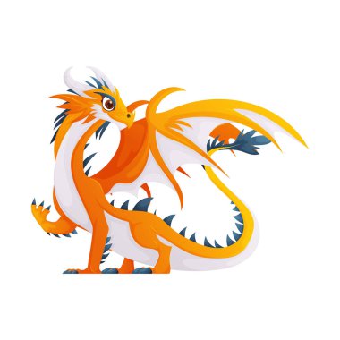 Bu neşeli bir çizgi film ejderhasının çizimi. Turuncu ve beyaz, parlak sarı kanatları var. Ejderha dik duruyor, izleyiciye doğru bakıyor..