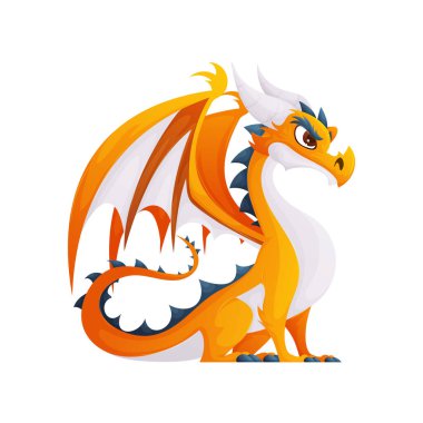 Beyaz arka planda oturan turuncu ejderha tasviri. Ejderhanın beyaz bir göbeği, beyaz boynuzları ve ciddi bir kızgın ifadesi var. Ejderha çizgi film tarzında çizilir..