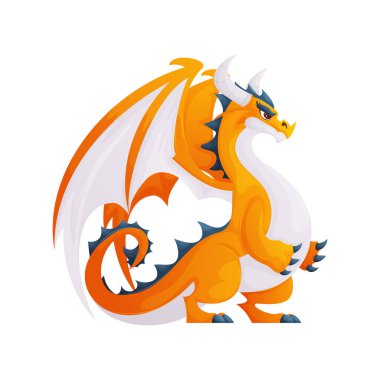 Beyaz kanatları ve boynuzları olan turuncu bir ejderhanın çizgi film çizimi. Ejderhanın sert bir ifadesi vardır. Fantezi projeleri, oyunlar ve çocuk içeriği için harika.