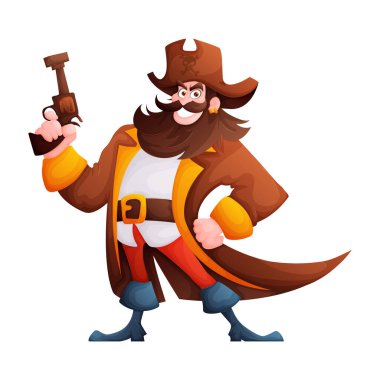 Bu karikatürde elinde silah tutan bir korsan var. Korsanın sakalı, bıyığı, küpesi var ve kafatası ve çapraz kemikli bir şapka takıyor..