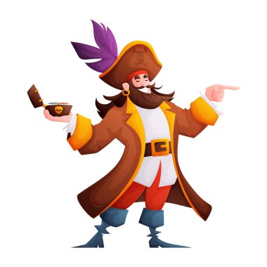 Bu, hazine sandığı tutan sakallı bir korsanın bir şeyi gösteren bir karikatür çizimi. Korsan ceket, şapka ve küpe takıyor..