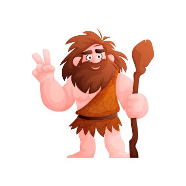 Basit bir hayvan postu giymiş, dost canlısı bir mağara adamı gülümsüyor. Bir eliyle barış işareti veriyor, diğer eliyle bir sopa tutuyor. Resim beyaz bir arkaplanda izole edilmiştir.