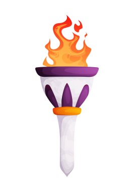 Beyaz arka planda izole edilmiş, spor etkinlikleri ve kutlamalar için mükemmel, parlak alevi olan bir Olimpiyat meşalesinin vektör karikatür çizimi.