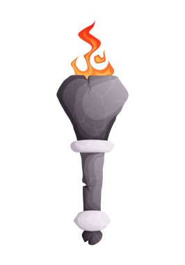 Taş Devri meşalesinin karikatür çizimi. İçinde yanan bir ateş ve ilkel bir taş sapı olan büyük bir taş kafa var. Oyun tasarımı için harika, ve daha fazlası için.